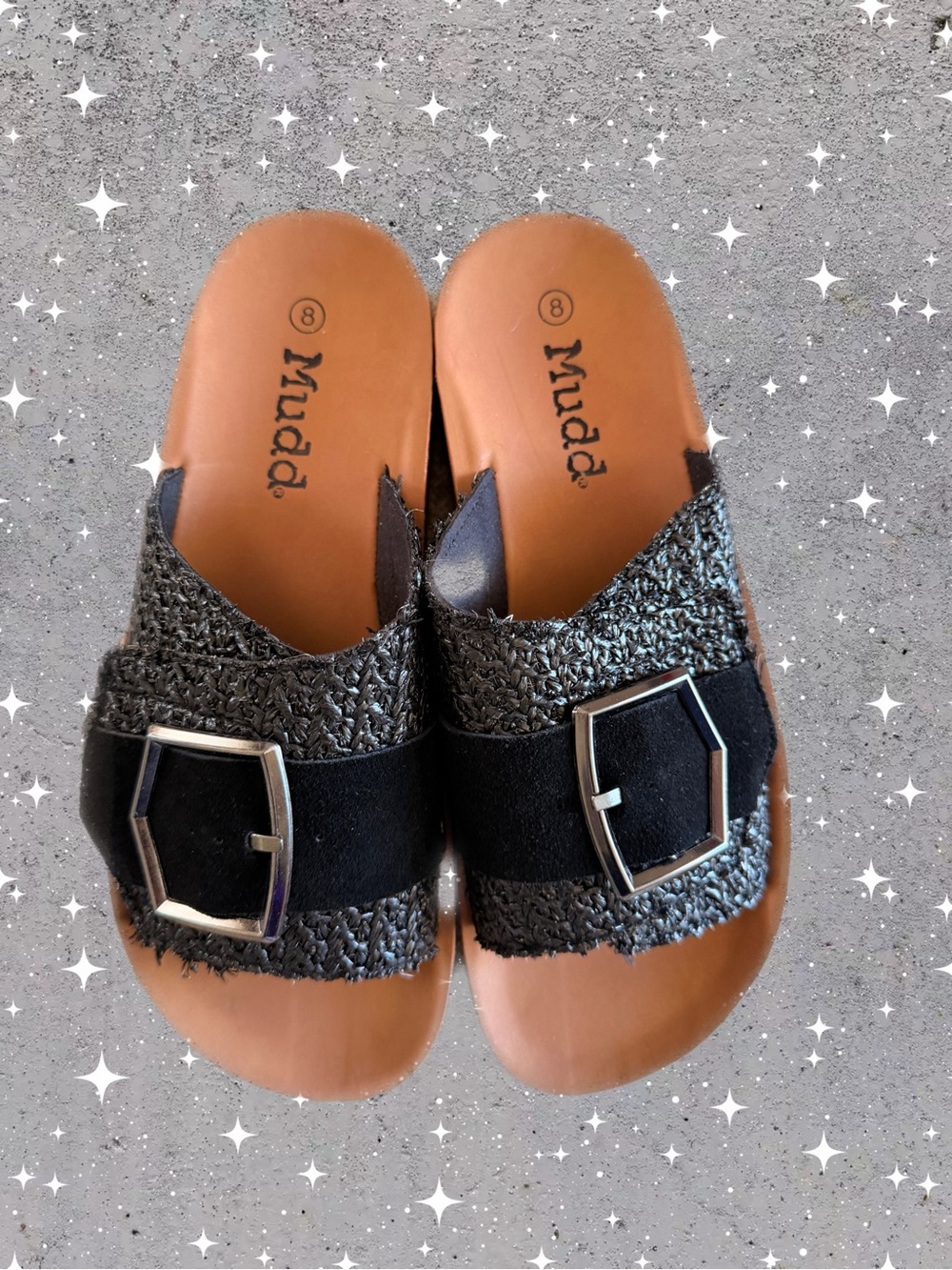 Mudd Black Textured Buckle Slide Sandals with Silver Hardware Size 8